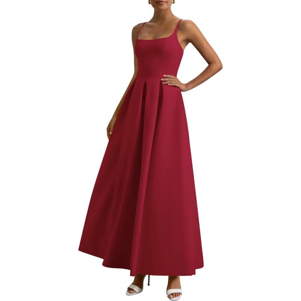 Women Red Elegant Ruffle A Line Long Summer Wedding Guest Maxi Dress